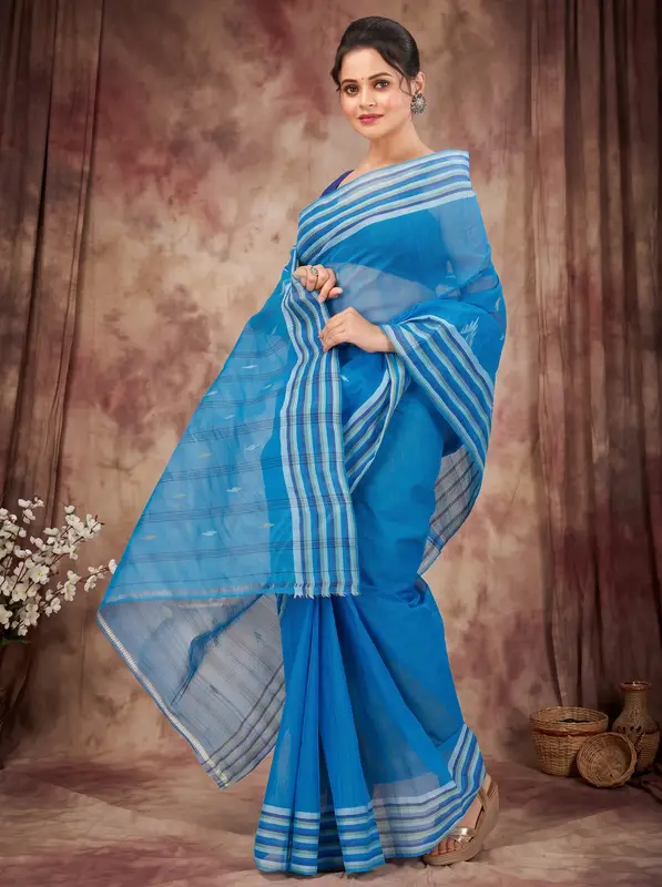 DipDiya Pure Cotton Light Blue mena Bengal’s Legacy Tant Sarees
