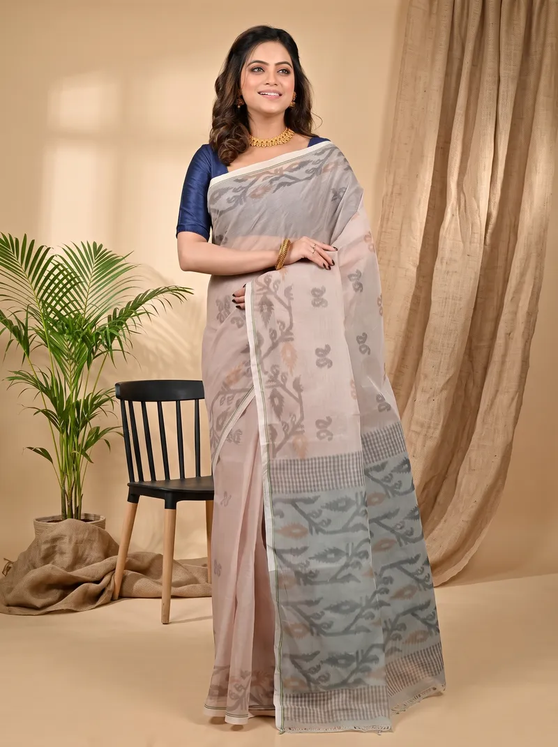 DipDiya Pure Cotton Light Brown Divani Woven with Love Printed Tant Sarees