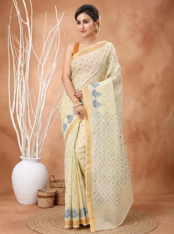 DipDiya Pure Cotton Light Brown Luvya Woven by Hand Printed Tant Sarees