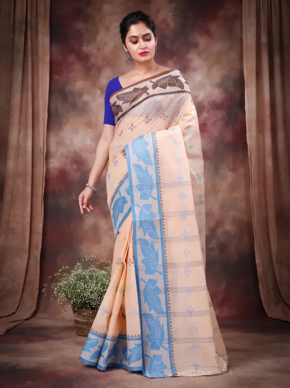 DipDiya Pure Cotton Light Brown Rowan Artisan Woven Tant Sarees