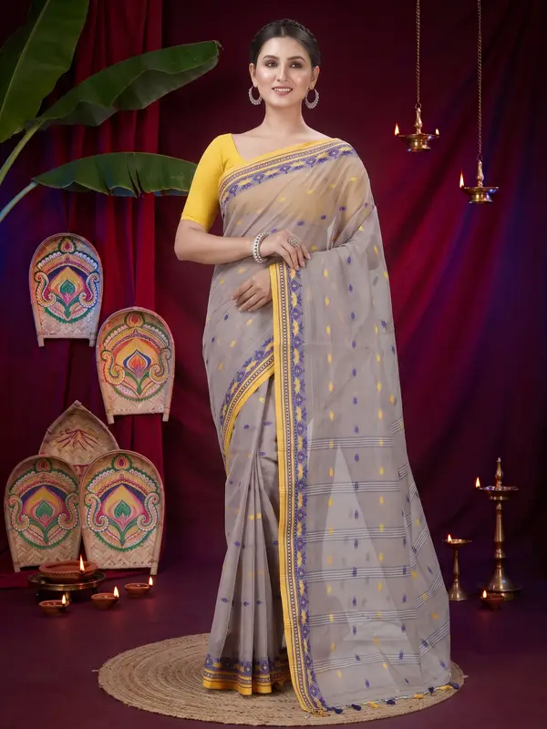 DipDiya Pure Cotton Light Brown Uvra Classic Bengali Tant Sarees