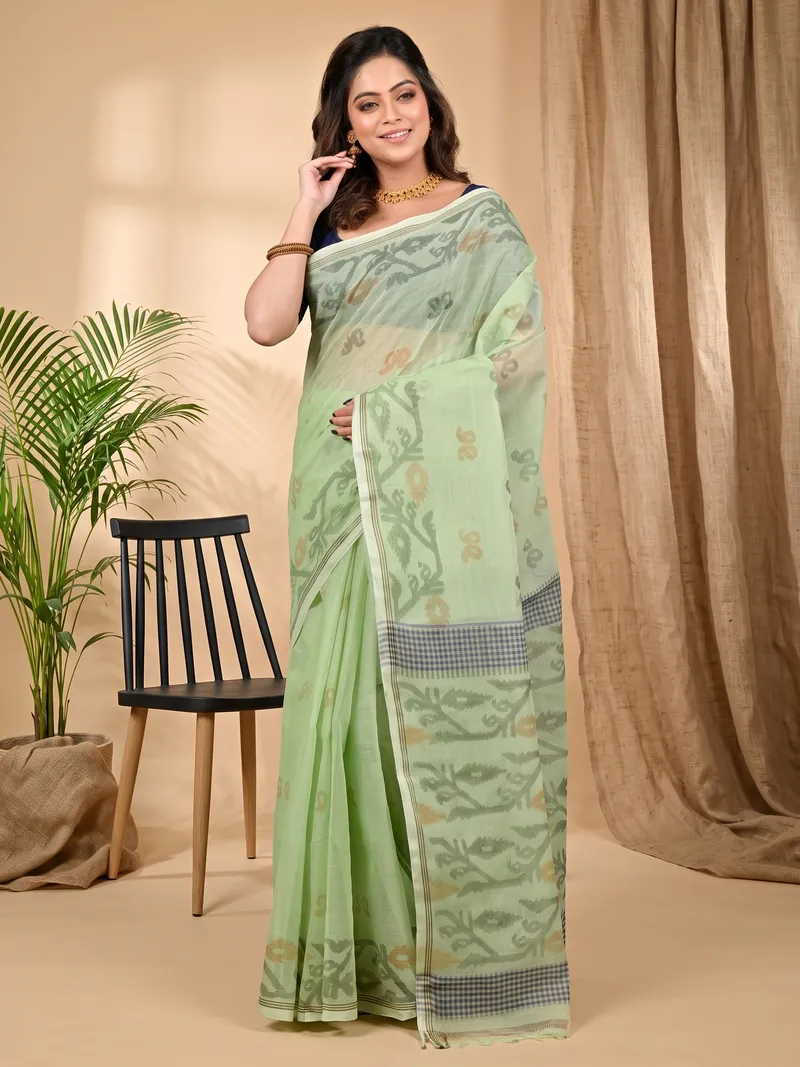 DipDiya Pure Cotton Light Green Divani Woven by Hand Printed Tant Sarees