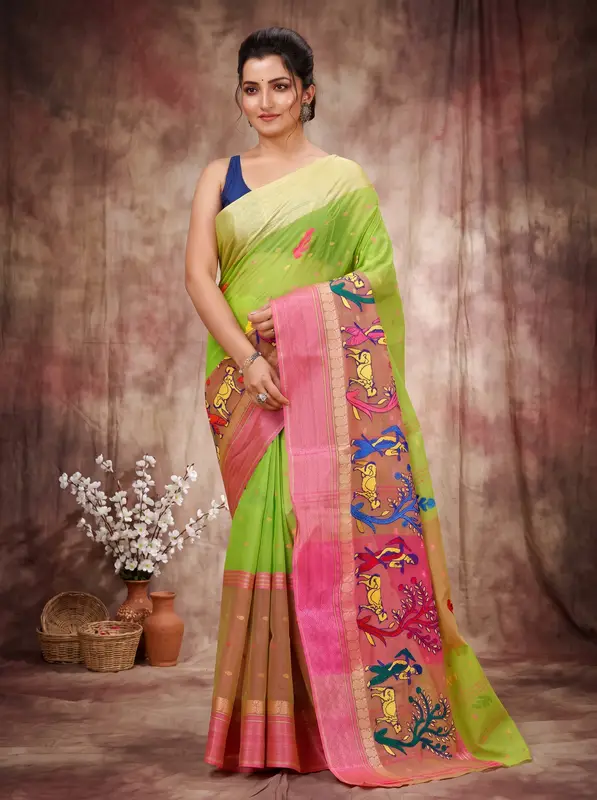 DipDiya Pure Cotton Light Green Embi Ganga Agri Regal Bengali Embroidery Tant Sarees