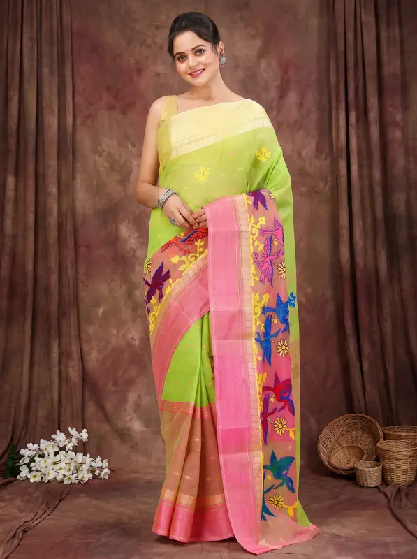 DipDiya Pure Cotton Light Green Embi Ganga Bok Woven by Hand Embroidery Tant Sarees