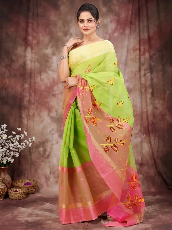 DipDiya Pure Cotton Light Green Embi Ganga Pata Traditional Bengali Embroidery Tant Sarees