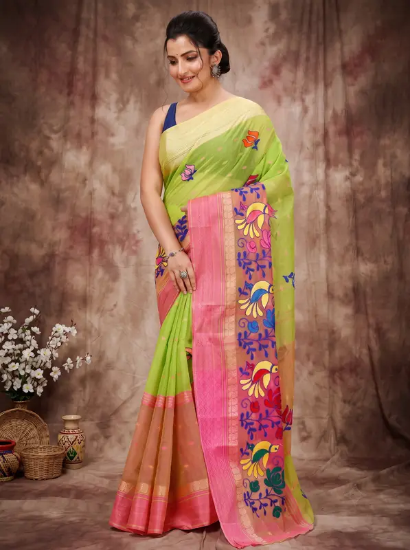 DipDiya Pure Cotton Light Green Embi Ganga Sib Threads of Tradition Embroidery Tant Sarees