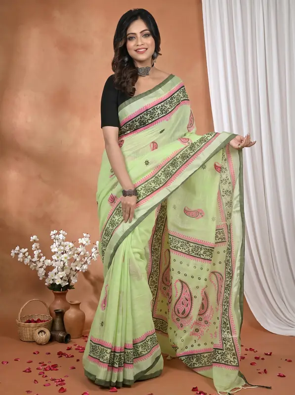 DipDiya Pure Cotton Light Green Hilda Regal Bengali Printed Handloom Sarees