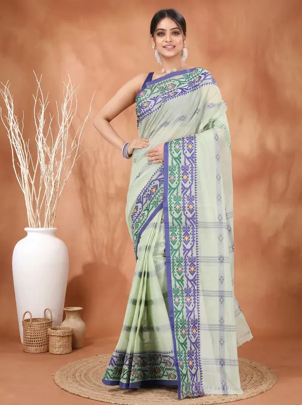 DipDiya Pure Cotton Light Green Moti Ankit Rooted in Bengal Tant Sarees