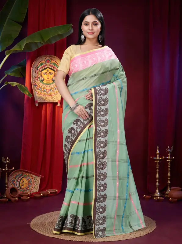 DipDiya Pure Cotton Light Green Nehan Handcrafted Elegance Tant Sarees