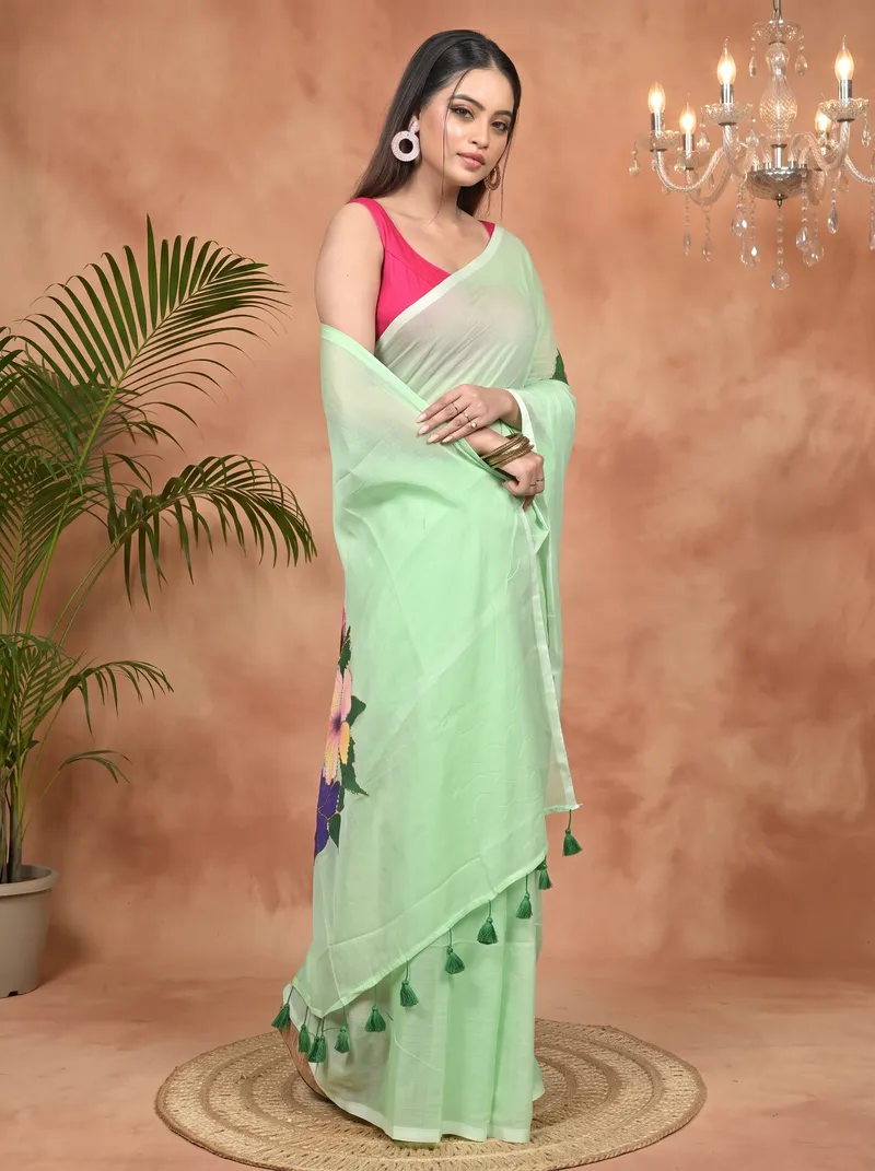 DipDiya Pure Cotton Light Green Norika Elegant by Tradition Hand Painted Sarees