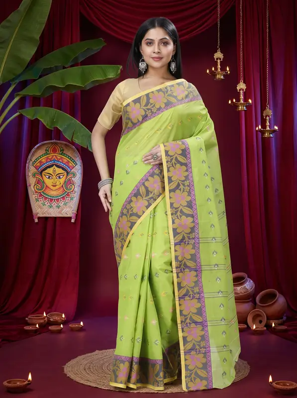 DipDiya Pure Cotton Light Green Numan Loom to Love Tant Sarees