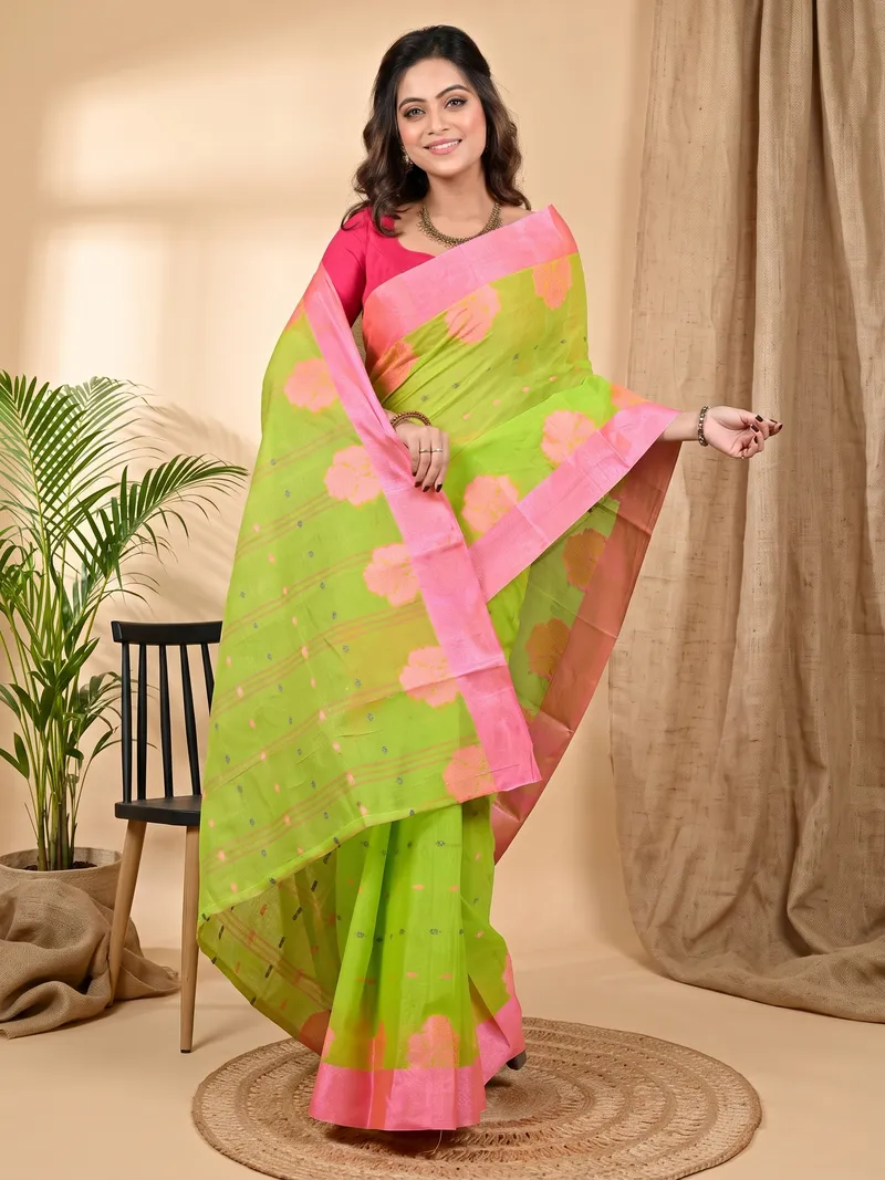 DipDiya Pure Cotton Light Green Pink Fipani Woven by Hand Tant Sarees