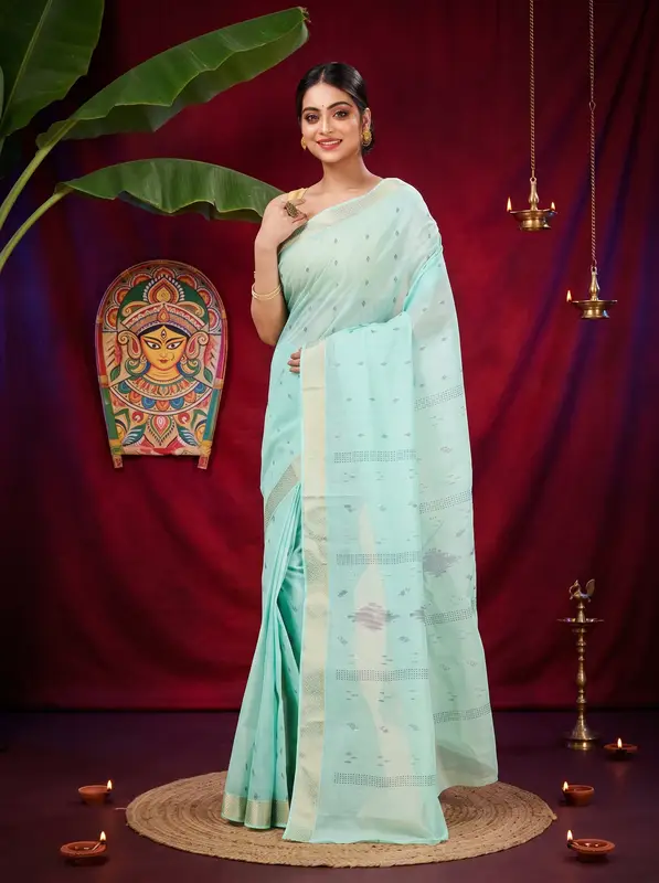 DipDiya Pure Cotton Light Green Porna Weaves with a Story Printed Tant Sarees
