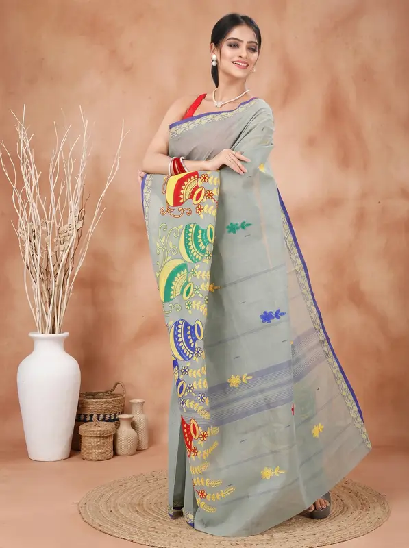 DipDiya Pure Cotton Light Grey Embi Gaela Ghot A Legacy Woven Embroidery Tant Sarees