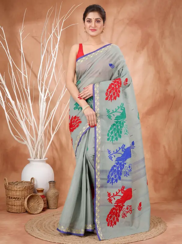 DipDiya Pure Cotton Light Grey Embi Gaela Moyur Bengal in Every Thread Embroidery Tant Sarees