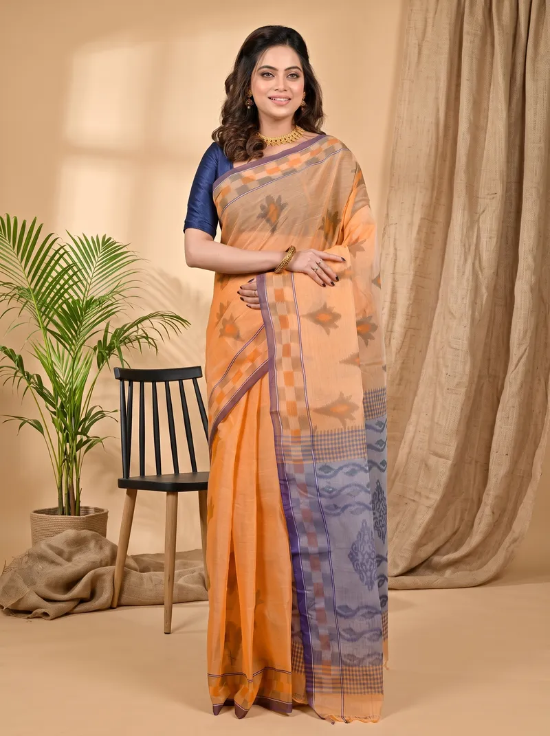 DipDiya Pure Cotton Light Orange Devai Pure Bengali Grace Printed Tant Sarees