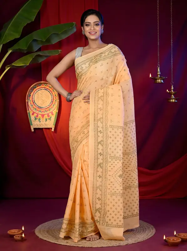 DipDiya Pure Cotton Light Orange Liko Bengal in Every Thread Printed Tant Sarees