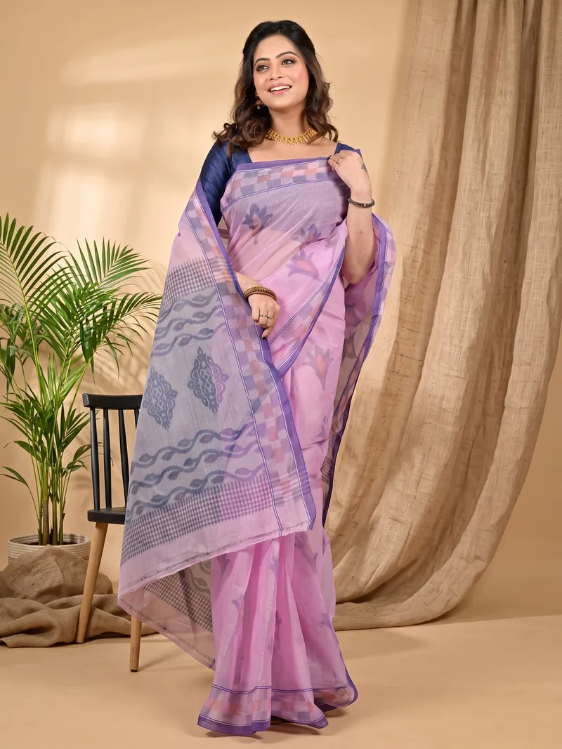 DipDiya Pure Cotton Light Purple Devai Heritage You Can Wear Printed Tant Sarees