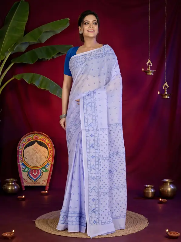 DipDiya Pure Cotton Light Purple Liko Bengal’s Tradition Printed Tant Sarees