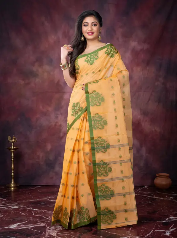DipDiya Pure Cotton Light Yellow Botgach Handcrafted Elegance Tant Sarees