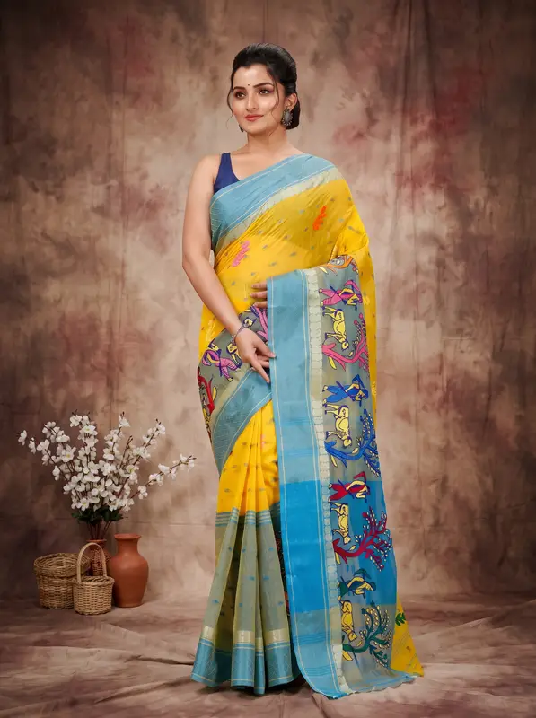 DipDiya Pure Cotton Light Yellow Embi Ganga Agri Stories of Bengal Embroidery Tant Sarees
