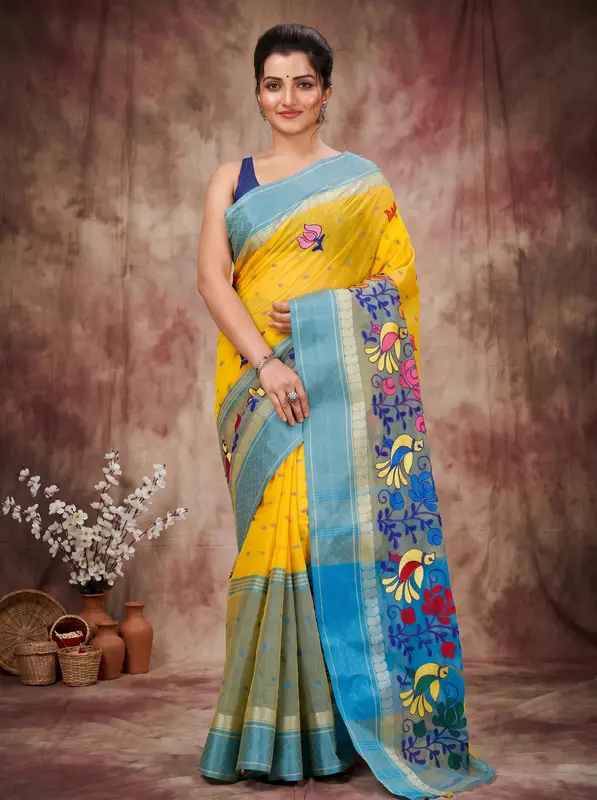 DipDiya Pure Cotton Light Yellow Embi Ganga Sib Timeless Elegance Embroidery Tant Sarees