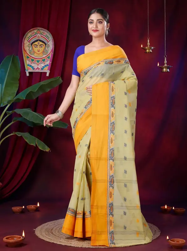 DipDiya Pure Cotton Light Yellow Provati Loom to Love Tant Sarees