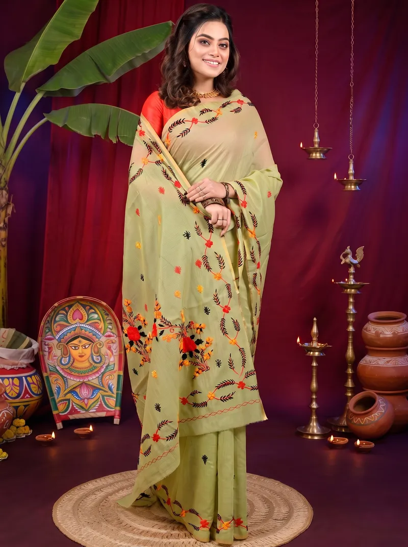 DipDiya Pure Cotton Lime Green Devui The Bengali Classic Kantha Stitch Sarees
