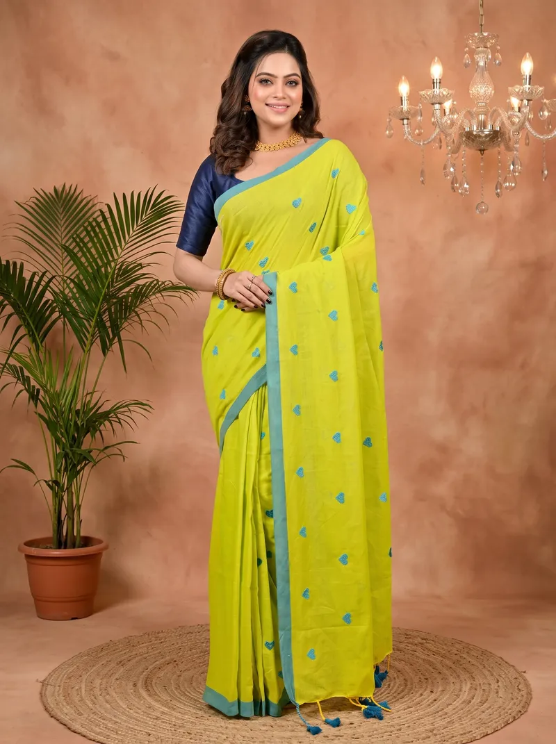 DipDiya Pure Cotton Lime Green Dhrli Bengal’s Legacy Embroidery Handloom sarees