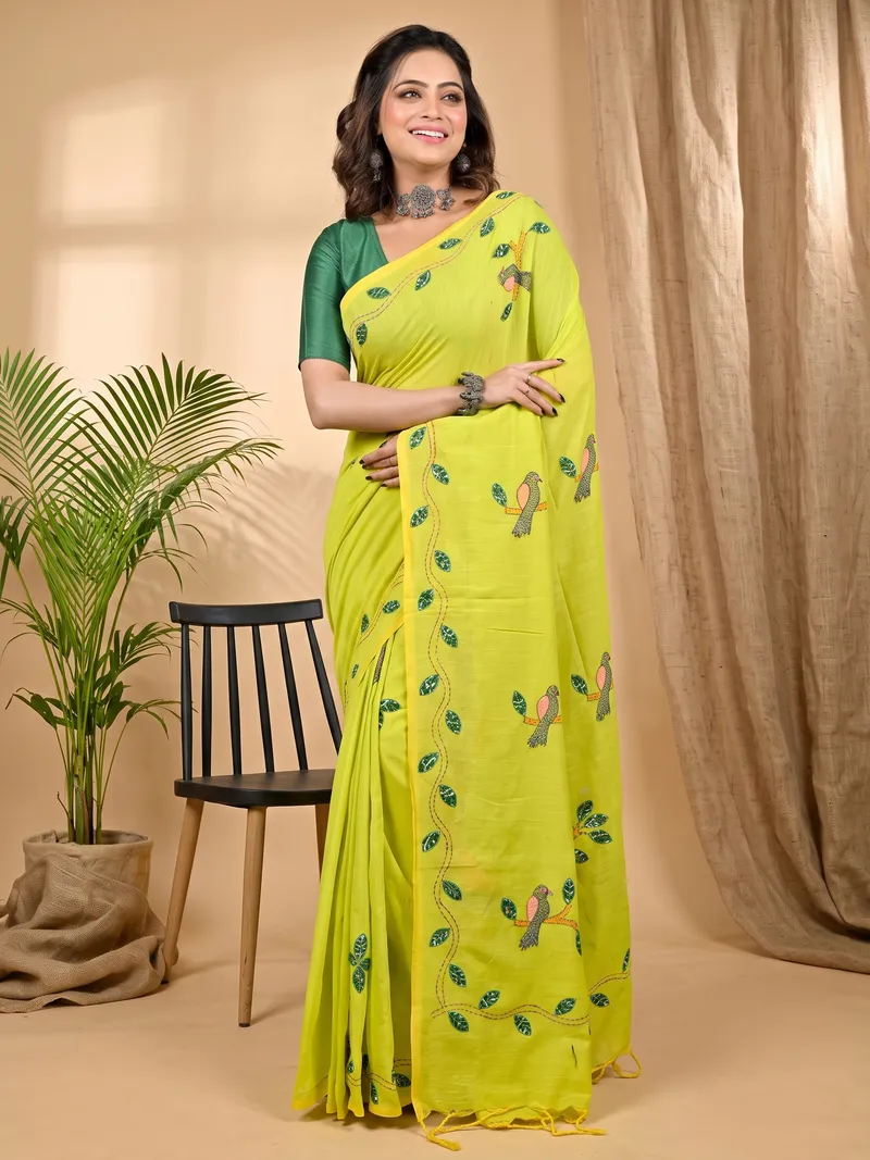 DipDiya Pure Cotton Lime Green Pakhi Loom to Love Kantha Stitch Sarees