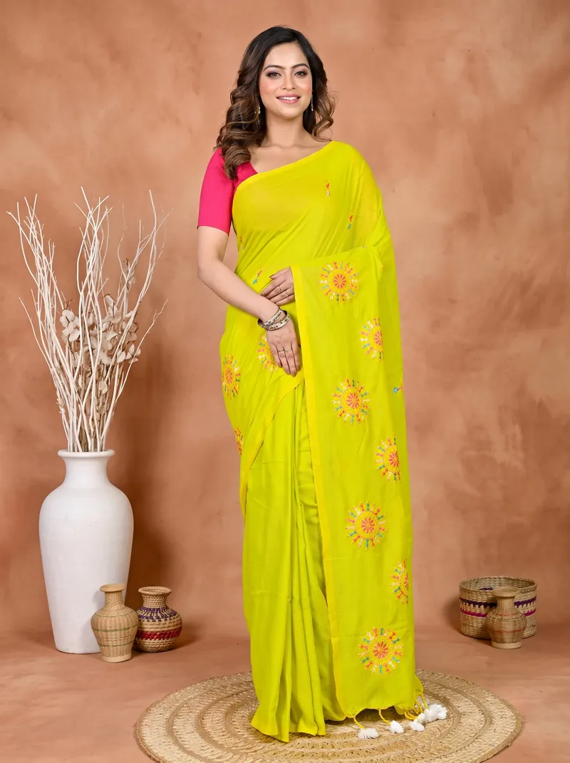 DipDiya Pure Cotton Lime Green Parama Stories of Bengal Embroidery Handloom sarees