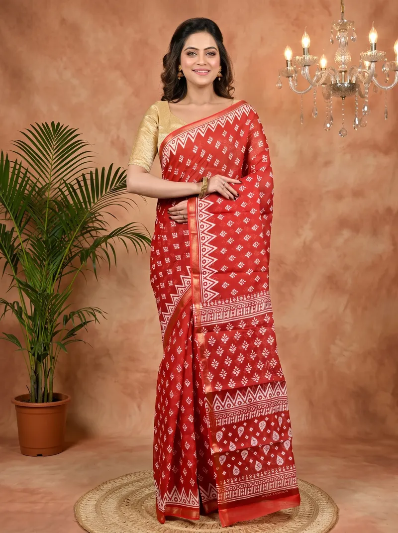 DipDiya Pure Cotton Maroon Febasi Traditional Bengali Batik Print Sarees