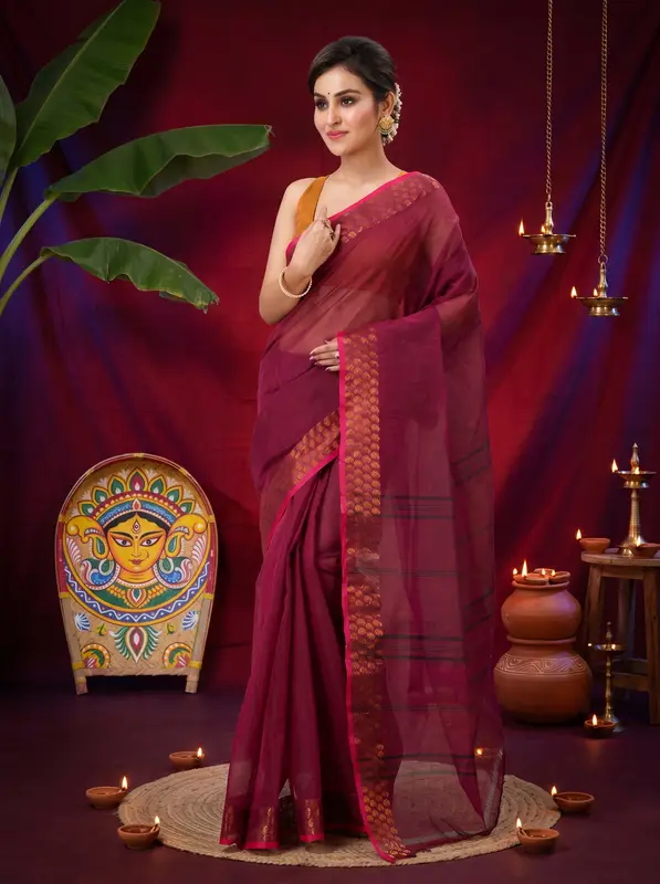 DipDiya Pure Cotton Maroon Lilan Loom to Love Tant Sarees