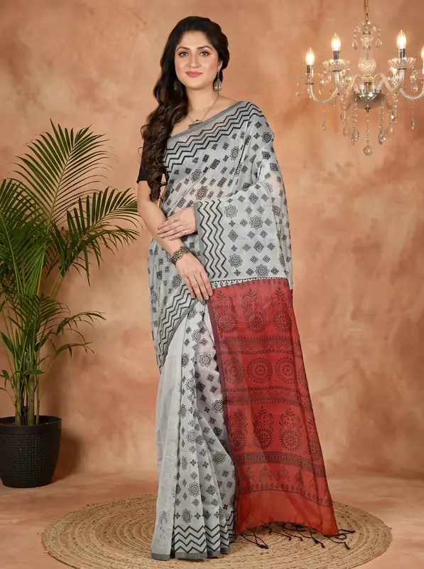 DipDiya Pure Cotton Marun Grey Senak Pure Bengali Grace Printed Handloom Sarees