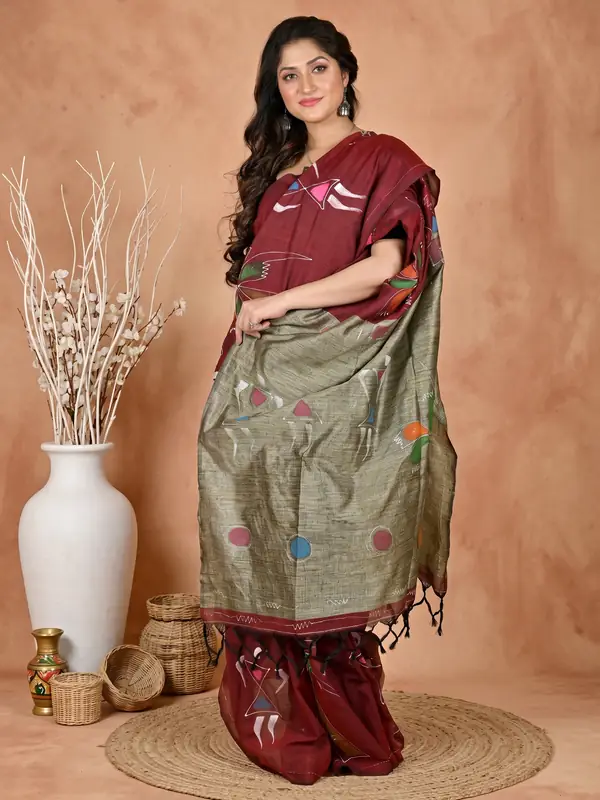 DipDiya Pure Cotton Marun Keshaka Tradition in Every Thread Hand Painted Sarees