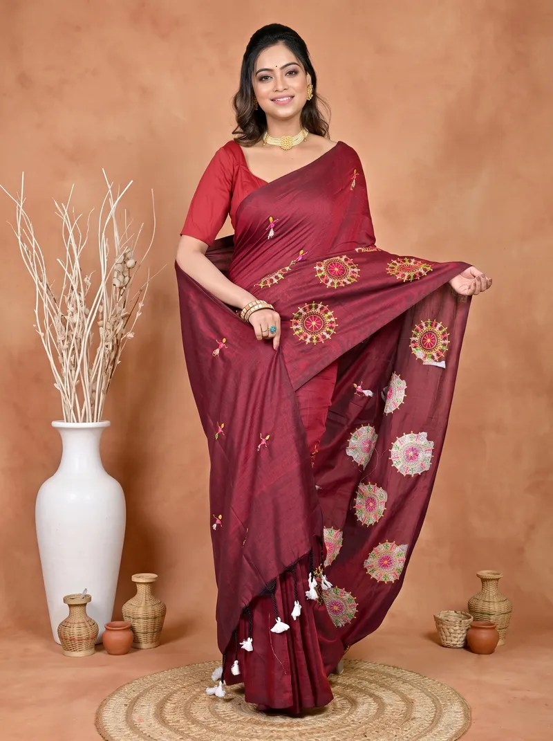 DipDiya Pure Cotton Marun Parama Timeless Elegance Embroidery Handloom sarees