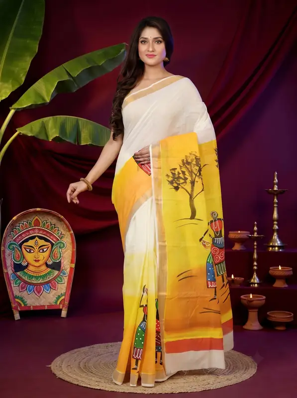 DipDiya Pure Cotton Multi-Coloured Hataka Artisan Crafted Hand Painted Sarees
