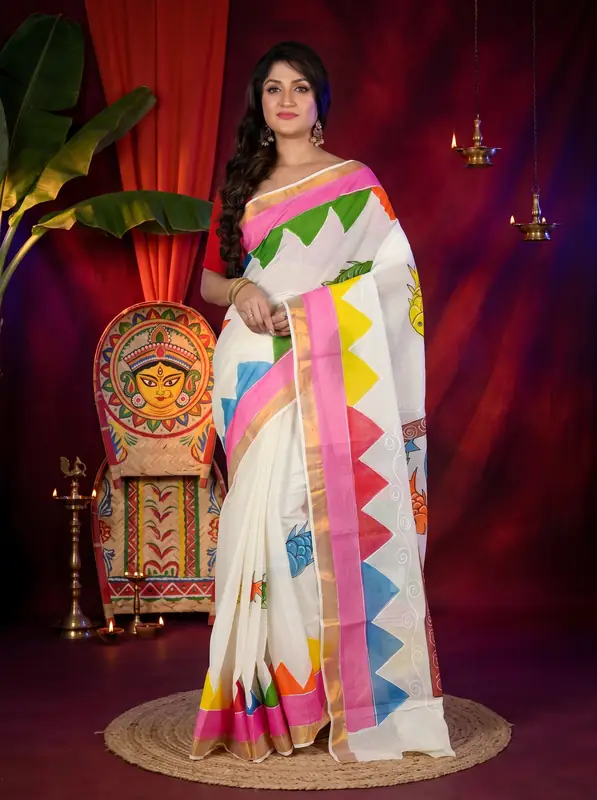 DipDiya Pure Cotton Multi-Coloured Hataka Artisan Wovens Hand Painted Sarees