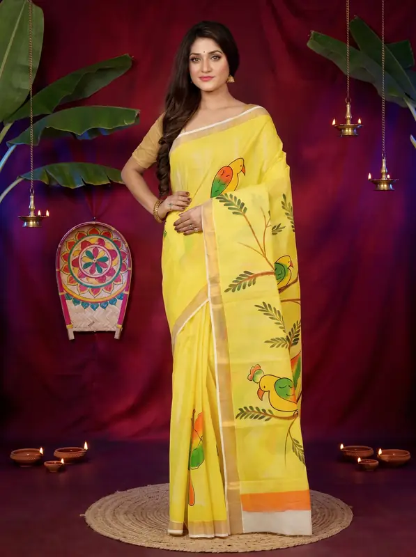 DipDiya Pure Cotton Multi-Coloured Hataka Grace of Bengal Hand Painted Sarees