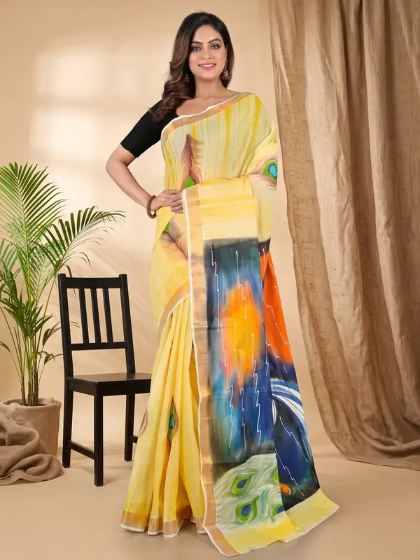 DipDiya Pure Cotton Multi-Coloured Hataka Grace of Bengals Hand Painted Sarees