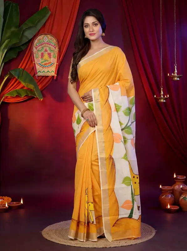 DipDiya Pure Cotton Multi-Coloured Hataka Pure Bengali Grace Hand Painted Sarees