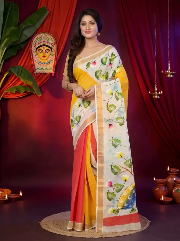 DipDiya Pure Cotton Multi-Coloured Hataka Regal Bengali Hand Painted Sarees