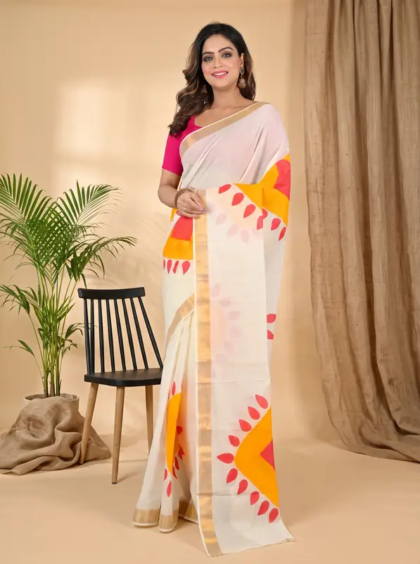 DipDiya Pure Cotton Multi-Coloured Hataka Regal Bengalis Hand Painted Sarees