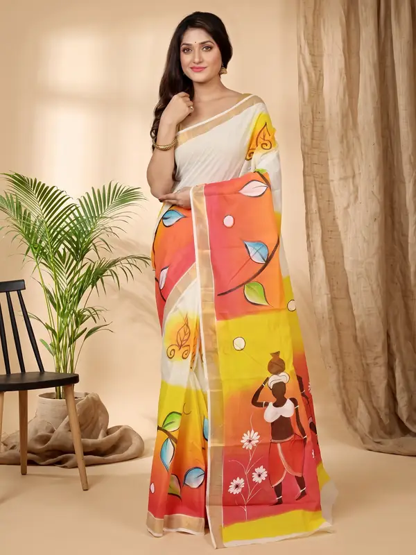 DipDiya Pure Cotton Multi-Coloured Hataka Stories of Bengal Hand Painted Sarees
