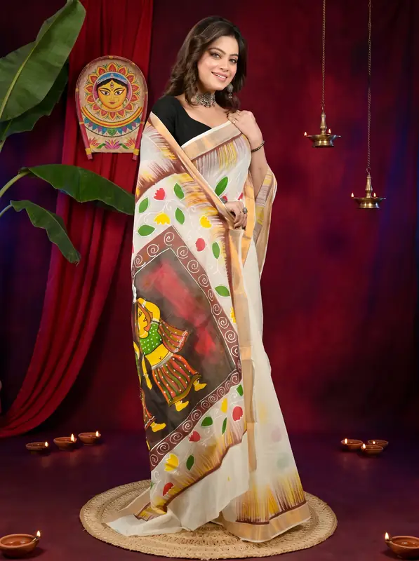 DipDiya Pure Cotton Multi-Coloured Hataka Stories of Bengals Hand Painted Sarees