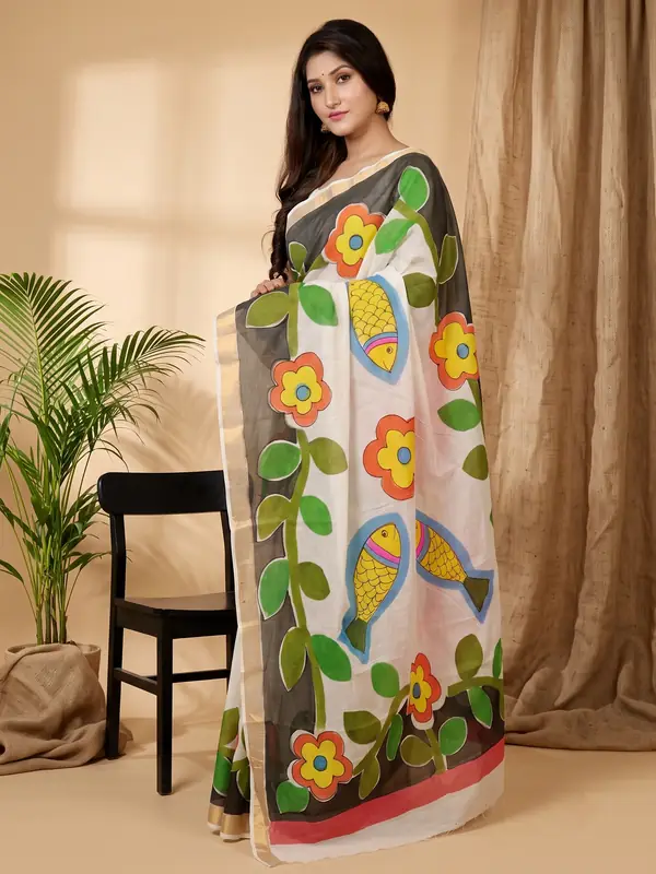 DipDiya Pure Cotton Multi-Coloured Hataka The Bengali Classic Hand Painted Sarees