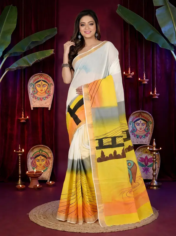 DipDiya Pure Cotton Multi-Coloured Hataka Timeless Bengal Hand Painted Sarees