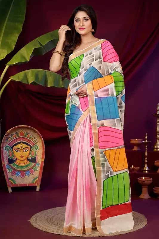 DipDiya Pure Cotton Multi-Coloured Hataka Traditional Bengali Hand Painted Sarees