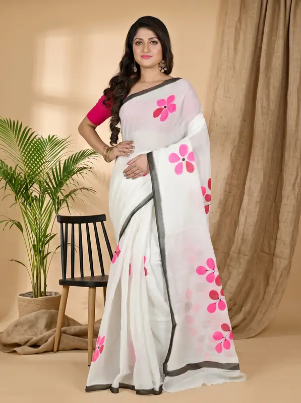 DipDiya Pure Cotton Multi-Coloured Hataka Traditional Bengalis Hand Painted Sarees