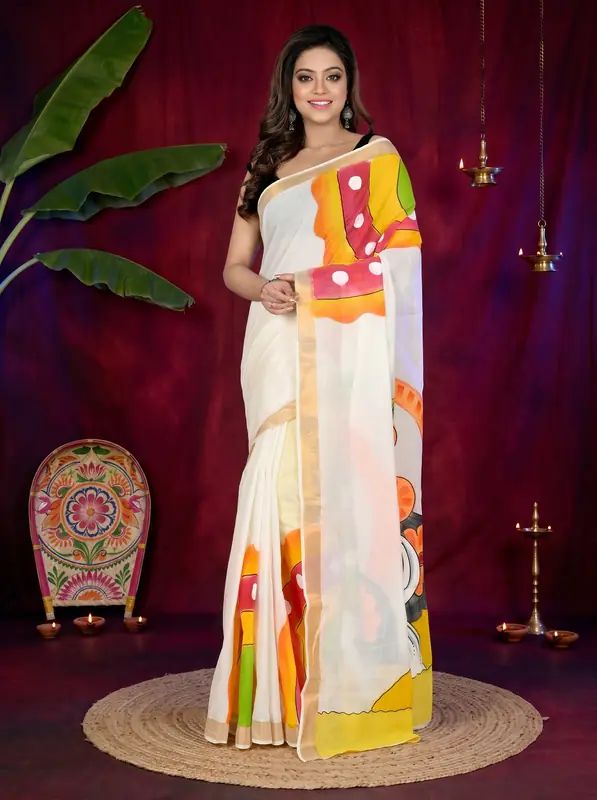 DipDiya Pure Cotton Multi-Coloured Hataka Traditional Elegance Hand Painted Sarees